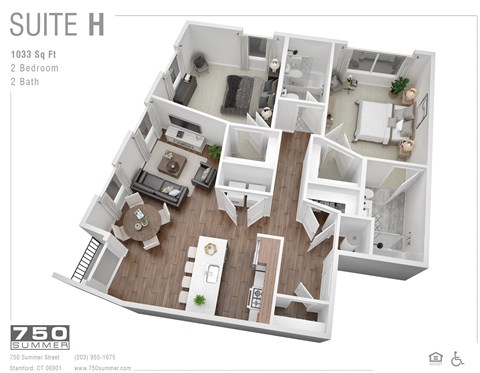 Floor plan for 2 beds, 2 baths, 1033 sqft